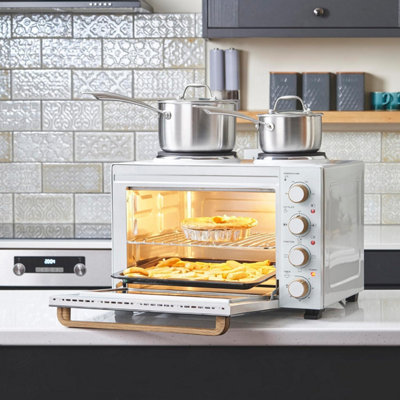 Cooks Professional 34l Mini Oven with Hobs Energy Efficient Electric Countertop Cooker with Two Hobs & Wire Rack White