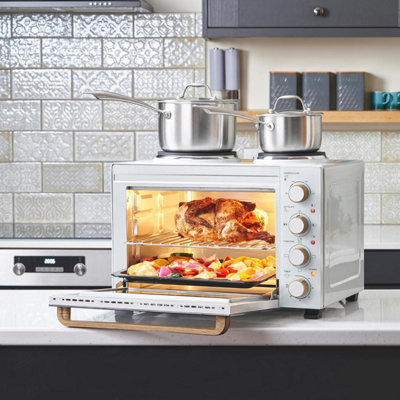 Cooks Professional 34l Mini Oven with Hobs Energy Efficient Electric Countertop Cooker with Two Hobs & Wire Rack White
