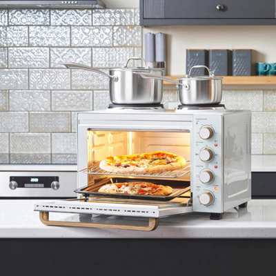 Cooks Professional 34l Mini Oven with Hobs Energy Efficient Electric Countertop Cooker with Two Hobs & Wire Rack White
