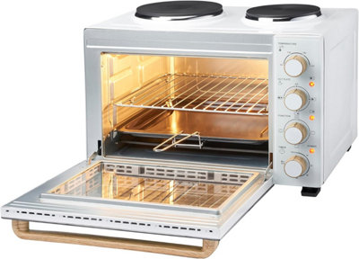Cooks Professional 34l Mini Oven with Hobs Energy Efficient Electric Countertop Cooker with Two Hobs & Wire Rack White