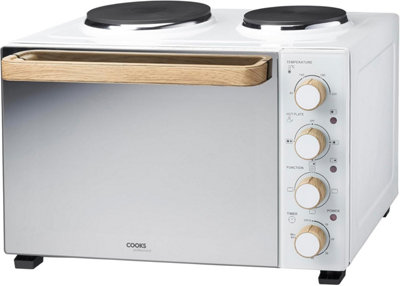 Cooks Professional 34l Mini Oven with Hobs Energy Efficient Electric Countertop Cooker with Two Hobs & Wire Rack White
