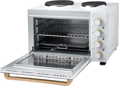 Cooks Professional 34l Mini Oven with Hobs Energy Efficient Electric Countertop Cooker with Two Hobs & Wire Rack White