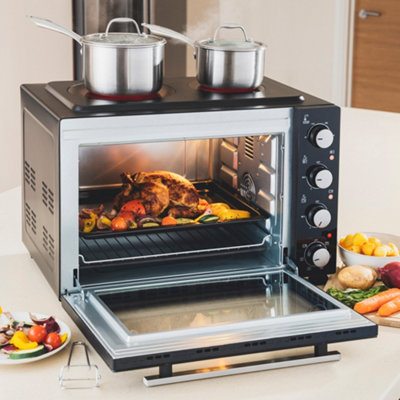 Cooks Professional 48L Mini Oven Hob Cooker Grill With Electric Hob Double Hotplate Tabletop Black