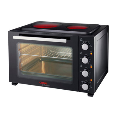 Cooks Professional 48L Mini Oven Hob Cooker Grill With Electric Hob Double Hotplate Tabletop Black