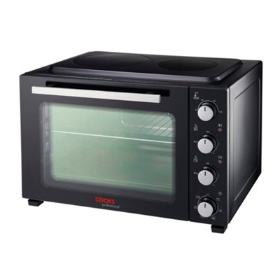 Cooks Professional 48L Mini Oven Hob Cooker Grill With Electric Hob Double Hotplate Tabletop Black