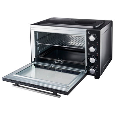 Cooks Professional 48L Mini Oven Hob Cooker Grill With Electric Hob Double Hotplate Tabletop Black