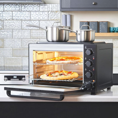 Cooks Professional 48l Mini Oven with Ceramic Hobs Energy Efficient Electric Countertop Cooker with Two Hobs & Wire Rack  Black