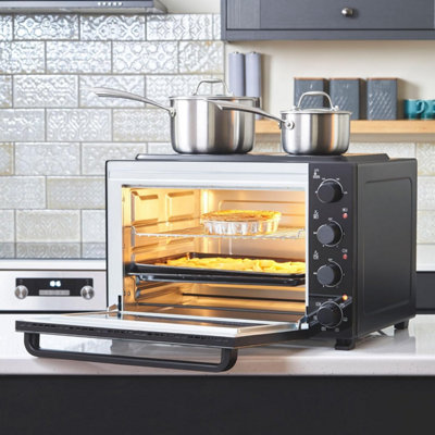 Cooks Professional 48l Mini Oven with Ceramic Hobs Energy Efficient Electric Countertop Cooker with Two Hobs & Wire Rack  Black