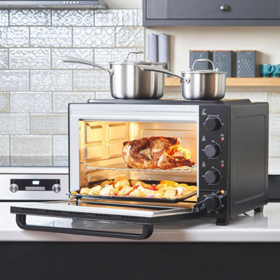 Cooks Professional 48l Mini Oven with Ceramic Hobs Energy Efficient Electric Countertop Cooker with Two Hobs & Wire Rack  Black