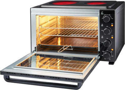 Cooks Professional 48l Mini Oven with Ceramic Hobs Energy Efficient Electric Countertop Cooker with Two Hobs & Wire Rack  Black
