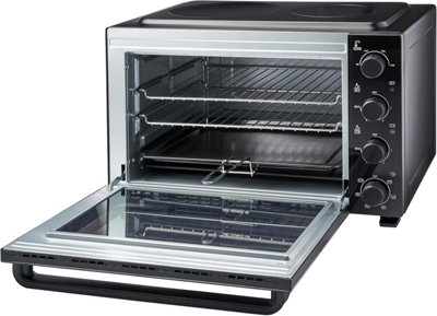 Cooks Professional 48l Mini Oven with Ceramic Hobs Energy Efficient Electric Countertop Cooker with Two Hobs & Wire Rack  Black