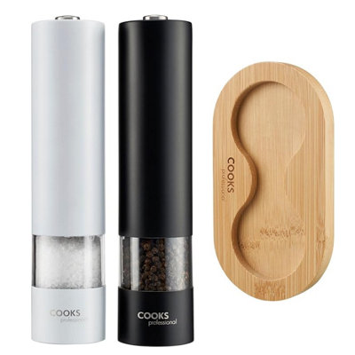 Cooks Professional Electric Salt and Pepper Mill Set with Bamboo Stand ...