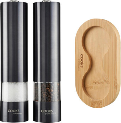 Cooks Professional Electric Salt and Pepper Mill Set with Bamboo Stand ...