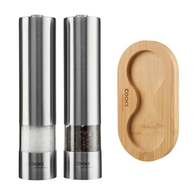 Cooks Professional Electric Salt and Pepper Mill Set with Bamboo Stand ...