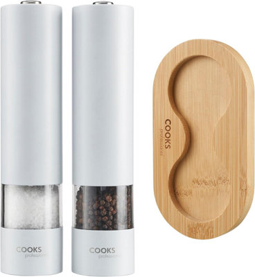 Cooks Professional Electric Salt and Pepper Mill Set with Bamboo Stand ...