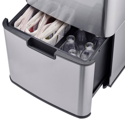 Cooks Professional Kitchen Rubbish Recycling Bin 75L 4 Waste Compartment Hands-Free Sensor Silver