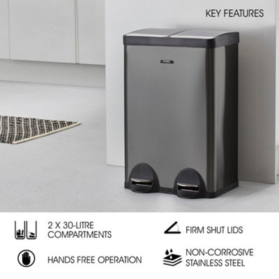 Cooks Professional Kitchen Rubbish Recycling Pedal Bin 60L 2 Waste Compartment Hands-Free Grey