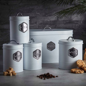 Cooks Professional Kitchen Storage Canister Jar Storage Set Bread Bin Sugar Tea Coffee Biscuit White Silver