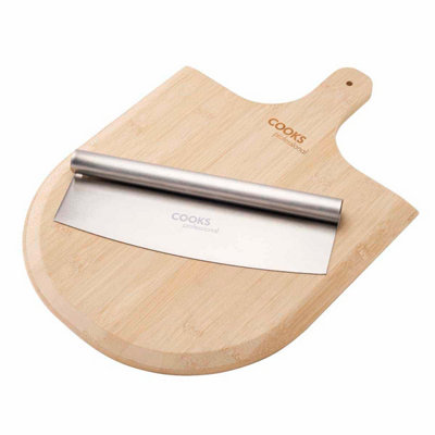 Cooks Professional Rocking Pizza Cutter Stainless Steel with Bamboo Pizza Board 35 x 33cm