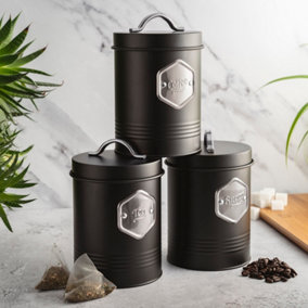 Cooks Professional Tea Coffee & Sugar Canisters Bin Jar Storage 3pc Black/Silver