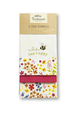 Cooksmart Bee Happy Pack of 3 Tea Towels | DIY at B&Q