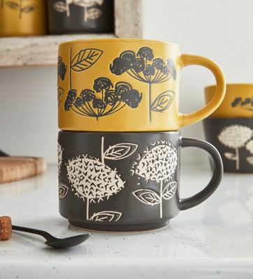 Stackable Coffee Mugs Set: 13 Oz Ceramic Stacking Cups For Cappuccino Latte Tea - Microwave Safe Mug For Home & Office - 4 PCS, Grey