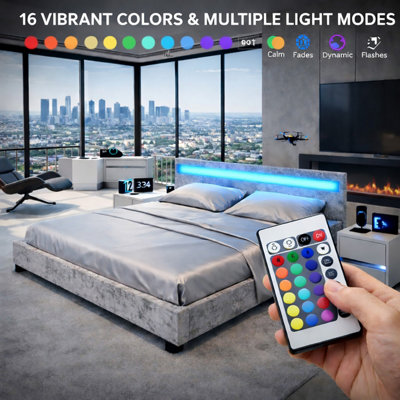 COOL LED CRUSHED VELVET LED Upholstered Bed Frame Silver Double