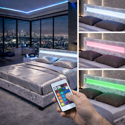 COOL LED CRUSHED VELVET LED Upholstered Bed Frame Silver Double