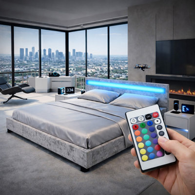COOL LED CRUSHED VELVET LED Upholstered Bed Frame Silver Double