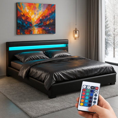 COOL LED Faux Leather LED Upholstered Bed Frame Black Double