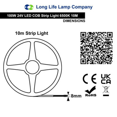 Cool White LED Tape Strip Light 10 Metres 24V Continuous COB Illumination IP20 with Driver