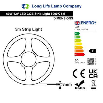 Cool White LED Tape Strip Light Continuous COB Illumination 5 Metres 12v with Driver