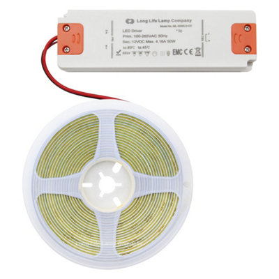 Cool White LED Tape Strip Light Continuous COB Illumination 5 Metres 12v with Driver