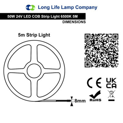 Cool White LED Tape Strip Light Continuous COB Illumination 5 Metres 24V 5COBSLCW with Transformer