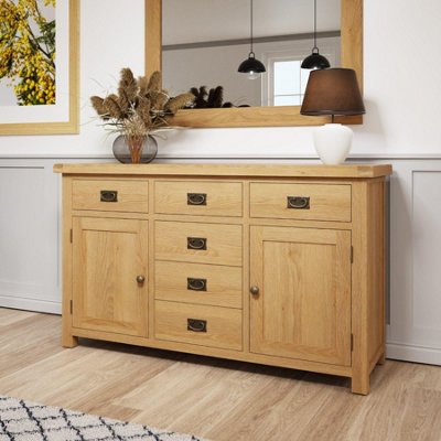 Copenhagen Fully Assembled Oak 6 Drawer 2 Door Sideboard Solid Wood with Veneer