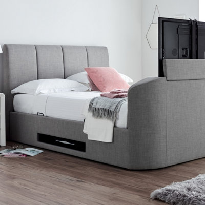 Copenhagen Upholstered Ottoman TV Bed Mid Grey King Size Bed Frame