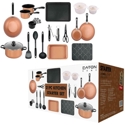 Copper 21 Pcs Kitchen Cookware Saucepan Utensil Pot Pan Bakeware Starter Set