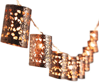 Copper Finish Moroccan Style String Lights - Battery Powered Metal LED Home Lighting Lanterns - 173cm Long, Each Light H5 x 4cm