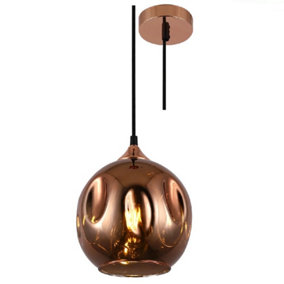 Copper & Rose Gold Glass Melt Shade Vintage Dome Pendant Ceiling Light - 20cm Diameter - Black Braided Cable - E27 Required
