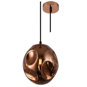 Copper & Rose Gold Glass Melt Shade Vintage Oval Globe Pendant Light - 20cm Diameter - Black Braided Cable - E27 Required