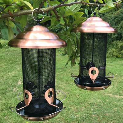 Copper Style Extra Large Hanging Metal Bird Seed Feeder with 4 Feeding Ports (Set of 2)