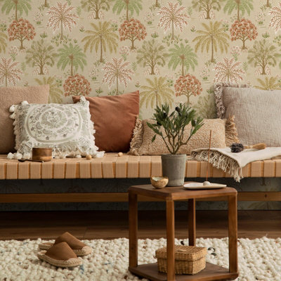 Coral & Beige Tropical Tree Wallpaper Floral Feature Wall