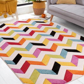 Coral Multicoloured Easy To Clean Geometric Hand Made Modern Dining Room Rug -120cm X 170cm