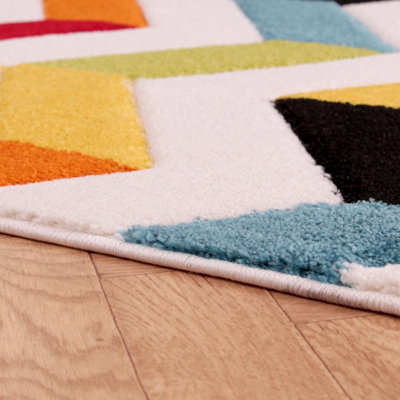Coral Multicoloured Easy To Clean Geometric Hand Made Modern Dining Room Rug -120cm X 170cm