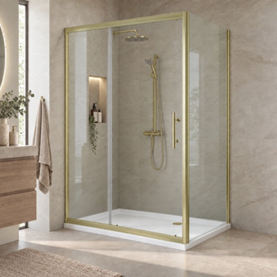 Coral Sliding Door Shower Enclosure Brushed Brass 6mm Safety Glass ...