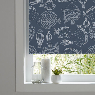 Corded fish print navy blackout roller blind.
