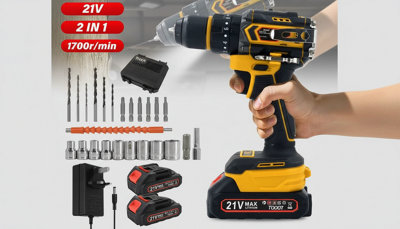 Cordless combi drill driver set, electric screwdriver, 2 batteries included