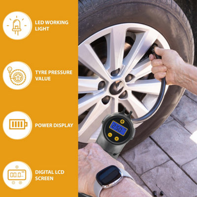 Petrinda Cordless Tyre Inflator Air Compressor, 12V USB Rechargeable Battery 150PSI Portable Car Tyre Pump, Electric Digital Tyre Pump With LED Light And 3 Nozzle Adaptors For Car Motorcycle Bicycle
