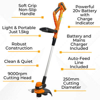 Cordless Grass Trimmer Edging Tool - Rotates and Tilts - Lightweight 1.5kg - Soft Grip Handle - 250mm Cutting Diameter - Includes