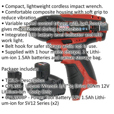 Cordless Impact Wrench Kit - 3/8" Sq Drive - 2 Batteries & Charger Included